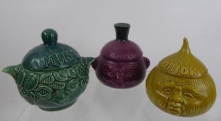 Three Character Pottery Lidded Jars, showing 'Beetroot', 'Mint' and 'Onion' faces. (3)