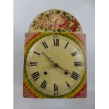 A 19th Century Grandfather Clock Face and Movement, hand painted with flowers, weights are