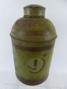 A Vintage Green Tin Lidded Canister and Cover, hand painted with the digit 9, approx 38 cms.