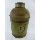 A Vintage Green Tin Lidded Canister and Cover, hand painted with the digit 9, approx 38 cms.