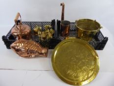 A Quantity of Brass and Copper Ware, including a fish mould, kettle, two measuring cups (small and