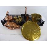 A Quantity of Brass and Copper Ware, including a fish mould, kettle, two measuring cups (small and