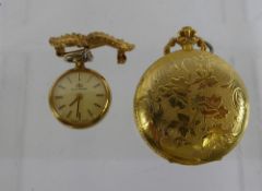 A Lady's Gold Plated Full Hunter Pocket Watch, champagne face with baton dial, laurel leaf pin,