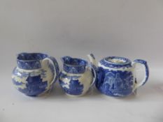 Three 1930's Blue and White Cauldon 'Chariot' Graduated Jugs and a teapot. (4)