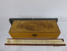 A Wood and Bone Slide Rule, together with a wooden box depicting scenes of 'Old Edinburgh', approx 6