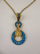 An 18/22 ct Yellow Gold Art Nouveau Turquoise and Seed Pearl Pendant, on a 9 ct yellow gold chain,