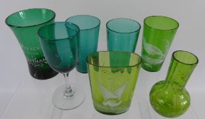 Miscellaneous Green Victorian Glass, incl. three Mary Gregory style beakers, a small vase and two