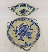 Two Blue and White Delft Dishes, both hand painted with floral design, factory marks to base