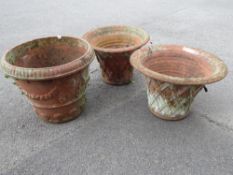 Three Antique Terracotta Planters, two measure approx 32 cms high x 50 cms dia, the third measures