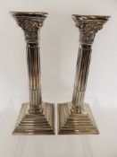 A Pair of Silver Edwardian Corinthian Column Candlesticks, Birmingham hallmark, dated 1929, approx