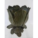 A Bronzed Vase in the form of a tulip flower supported on a base of stem and leaves, approx 22 cms