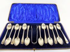 A Set of Twelve Silver Teaspoons, and sugar tongs in original presentation box, Sheffield hallmark