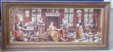 A Framed Woollen Frieze, depicting a Regency scene, approx 82 x 180 cms, framed.