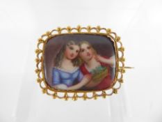 An Antique 18 / 22 ct Continental Hand Painted Porcelain Brooch, depicting two women, approx 30 x 25