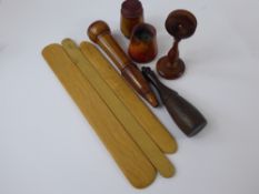 Antique Treen Sewing Accessories, including three wooden page turners, three thread winders and a