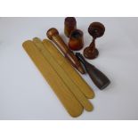 Antique Treen Sewing Accessories, including three wooden page turners, three thread winders and a