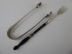 A Pair of Silver Sugar Tongs and an agate handled pickle fork.