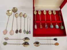 Miscellaneous Sterling Silver Coffee Spoons, semi-precious stone finial, three pickle forks, two jam