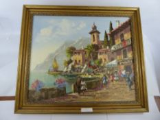 An Oil on Board, depicting an Italian lake promenade scene, approx 59 x 49 cms (io), in gilt wood