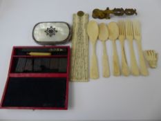 Miscellaneous Items including Antique Ivory Slide Rule, mother of pearl purse, leather box of Mr