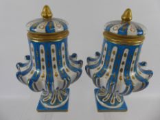 Two Meissen-Style Gilded Turquoise and White Urns and Covers, approx 25 x 15 cms.