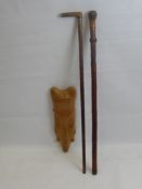 Antique Chinese Bamboo Walking Stick, carved with wise character and plaited leather collar together