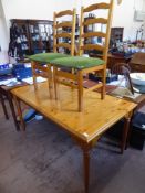 Six Pine Ladder-Back Kitchen Chairs, together with a rectangular pine kitchen table, approx 154 x 84