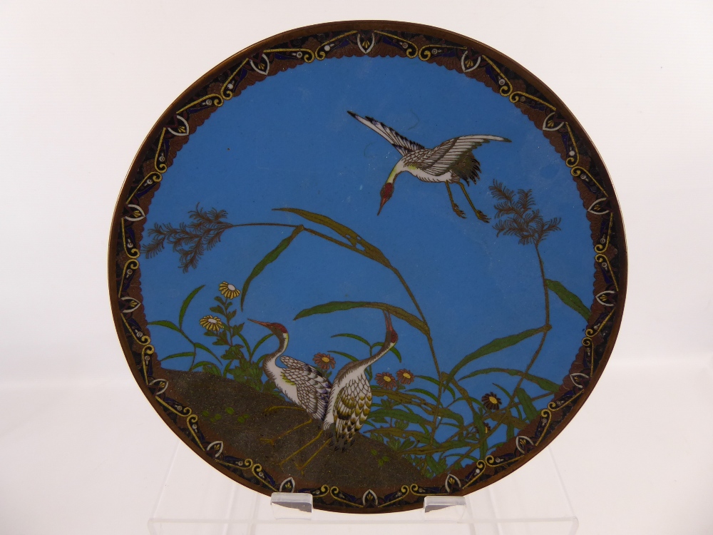 A Japanese Cloisonne Blue Ground Cabinet Plate, depicting three storks and foliage, approx 31 cms