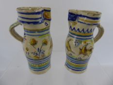 A Pair of Antique Italian Majolica Jugs, hand painted with birds and hounds, approx 16 cms