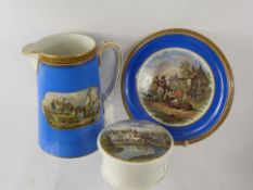 A Prattware Jug and Stand, together with a pot lid and cover depicting Sandringham Seat of the HRH