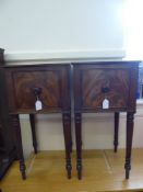A Pair of Antique Mahogany Pot Cupboards with turned legs and handle, approx 39 x 37 x 77 cms.