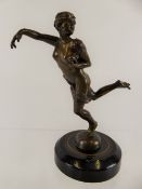 A Bronze Figure, in an athletic pose, approx 18 cms, raised on a circular plinth.