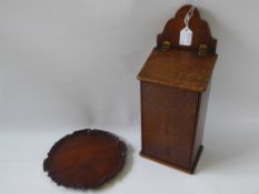 An Antique Oak Wall Mounted Candle Box, approx 35 x 14 cms together with a mahogany card pie-crusted