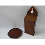 An Antique Oak Wall Mounted Candle Box, approx 35 x 14 cms together with a mahogany card pie-crusted