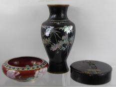 A Collection of Oriental Items, including a Chinese black cloisonné vase, with mother of pearl inlay