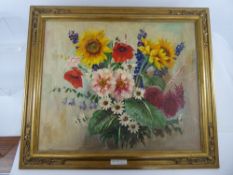 An Oil on Board, depicting a bouquet of flowers including sunflowers, dahlias and daisies, approx 49