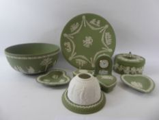 Miscellaneous Wedgwood Green Jasper Ware, including a beehive shape pot pourri, covered trinket