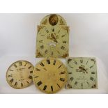 Four Antique Hand Painted Enamel Clock Faces, two for grandfather clocks and two for wall clocks.