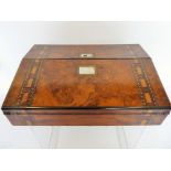 A Victorian Walnut Inlaid Lady's Travelling Writing Box, the box having mother of pearl inlay and