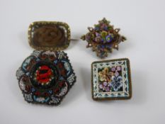 Three Micro Mosaic Brooches, together with a mourning brooch. (4)