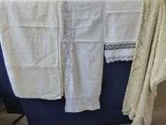 A Quantity of Antique Bed Linen, including cotton and lace bed covers, cotton and linen sheets (some