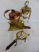 A Quantity of Vintage Copper and Brass, including a copper watering can, brass trivet, brass crumb