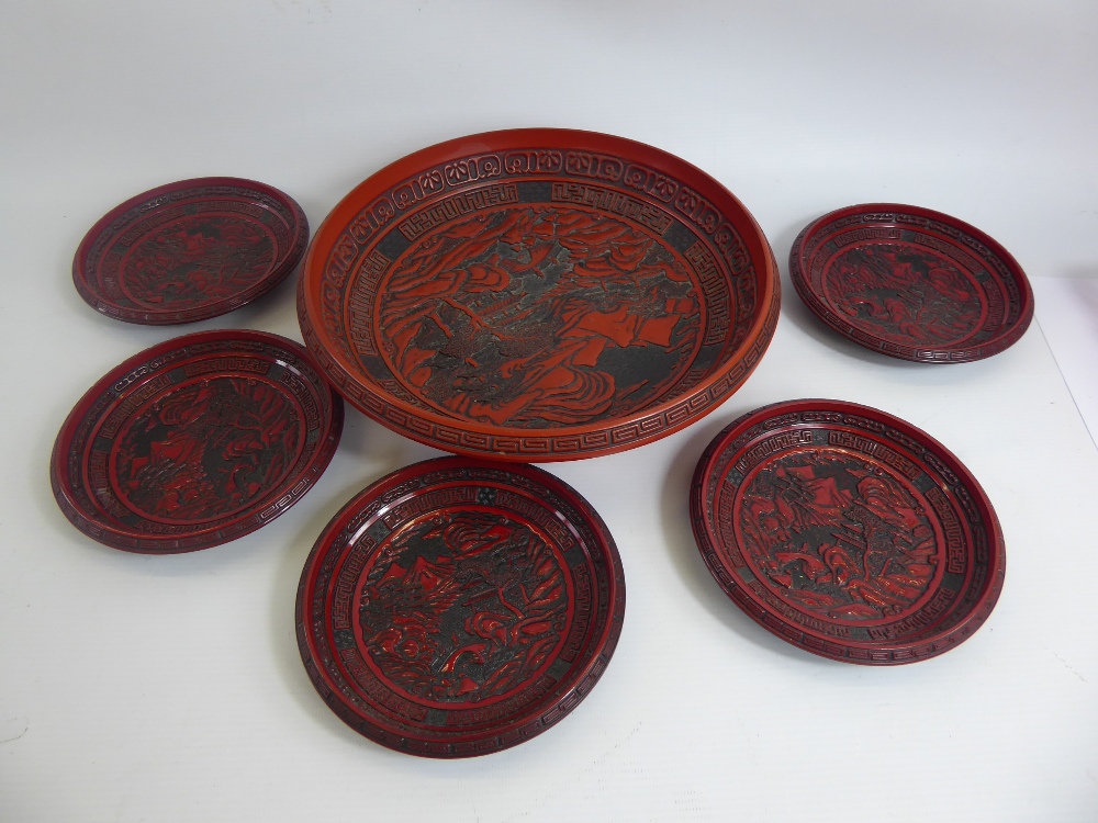 A Japanese Red Lacquer Rice Serving Bowl, with five smaller bowls depicting Mount Fuji. (6)
