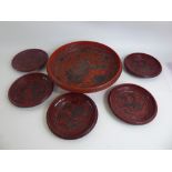 A Japanese Red Lacquer Rice Serving Bowl, with five smaller bowls depicting Mount Fuji. (6)