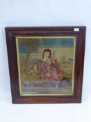 An Antique Tapestry depicting a girl and fawn, framed and glazed, approx 65 x 71 cms.