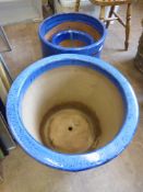 Two Large Blue Glaze Ceramic Planters, together with a smaller blue planter. (3)