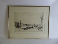 Sidney Tushingham 1884-1968. 'Venice', dry point etching. Quayside activity with view towards The