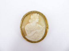 Antique Shell Cameo Brooch, carved with a 'Figure playing the Lute', approx 5.2 x 6 cms, contained