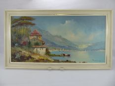 An Original Oil Painting depicting an Italian villa, approx 79 x 39 cms (io) in a cream frame,
