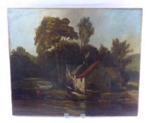 An Early 19th Century Oil on Canvas, River Landscape with Watermill, figure in red to the